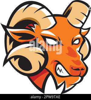 Maskottchen „Angry Bighorn Ziege“ oder „Mountain Ziegenkopf“ und Illustration Stock Vektor
