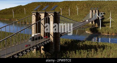 Eine Brücke über einen Fluss, umgeben von Wald, Windturbinen und ausgestattet mit Solarpaneelen - 3D Abbildung Stockfoto