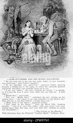 Eine Vintage-Postkarte mit „Caleb Plummer und seine blinde Tochter“, Charaktere aus dem Buch von Charles Dickens, „die Grille am Herd“. Die Karte trägt auch eine entsprechende Passage aus dem Buch und wurde als Werbeartikel für das öffentliche Haus „The Leather Bottle“ in Cobham, Kent, veröffentlicht. Der 1629 erbaute Pub wurde in Dickens Buch „The Pickwick Papers“ aufgeführt. Stockfoto