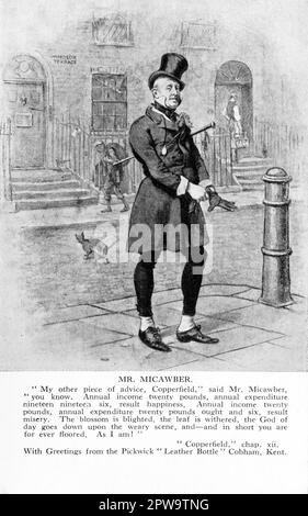 Eine Vintage-Postkarte mit „Mr. Micawber“, einer Figur aus dem Buch von Charles Dickens, „David Copperfield“. Die Karte trägt auch eine entsprechende Passage aus dem Buch und wurde als Werbeartikel für das öffentliche Haus „The Leather Bottle“ in Cobham, Kent, veröffentlicht. Der 1629 erbaute Pub wurde in Dickens Buch „The Pickwick Papers“ aufgeführt. Stockfoto