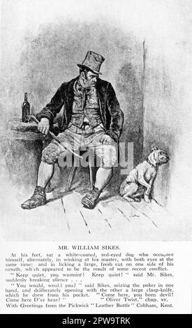 Eine Vintage-Postkarte mit „Mr William Sikes“, einer Figur aus dem Buch von Charles Dickens, „Oliver Twist“. Die Karte trägt auch eine entsprechende Passage aus dem Buch und wurde als Werbeartikel für das öffentliche Haus „The Leather Bottle“ in Cobham, Kent, veröffentlicht. Der 1629 erbaute Pub wurde in Dickens Buch „The Pickwick Papers“ aufgeführt. Stockfoto