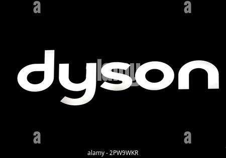 Weißes Dyson-Logo auf schwarzem Hintergrund Stockfoto