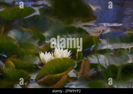 Digitale Malerei einer weißen Seerose zwischen grünen Seerosen auf einem Teich. Stockfoto