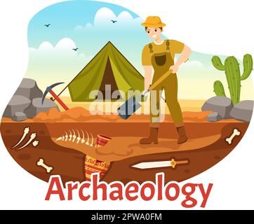 Archäologische Illustration mit archäologischen Ausgrabungen antiker Ruinen, Artefakte und Dinosaurierfossil in handgezeichneten Flat Cartoon-Vorlagen Stock Vektor