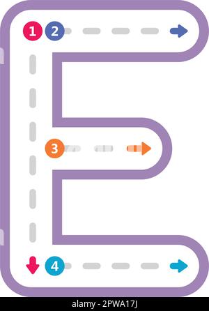 Nachzeichnen des Buchstabens E Vorschreiben in Großbuchstaben gepunktetes Linienelement für Kinder im Kindergarten und Vorschulalter Arbeitsblatt für Handschriftübungen Stock Vektor