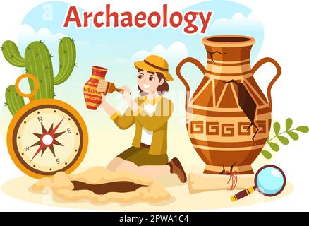 Archäologische Illustration mit archäologischen Ausgrabungen antiker Ruinen, Artefakte und Dinosaurierfossil in handgezeichneten Flat Cartoon-Vorlagen Stock Vektor