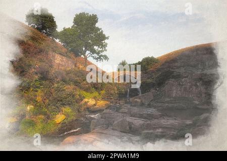 Drei Auenköpfe. Ein digitales Aquarellgemälde eines herbstlichen Wasserfalls und einer Steinpferdbrücke im Three Shires Head im Peak District, Großbritannien. Stockfoto