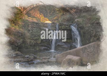 Drei Auenköpfe. Ein digitales Aquarellgemälde eines herbstlichen Wasserfalls und einer Steinpferdbrücke im Three Shires Head im Peak District, Großbritannien. Stockfoto