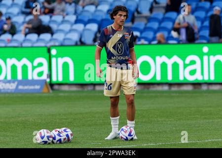 Sydney, Australien. 29. April 2023. Archie Goodwin von Newcastle Jets erwärmt sich vor dem Spiel zwischen dem FC Sydney und den Jets im Allianz Stadium am 29. April 2023 in Sydney, Australien. Guthaben: IOIO IMAGES/Alamy Live News Stockfoto