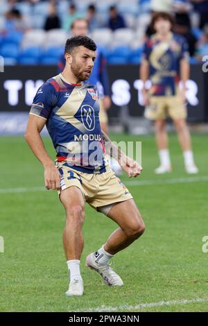 Sydney, Australien. 29. April 2023. Jaushua Sotirio von Newcastle Jets wärmt sich vor dem Spiel zwischen dem FC Sydney und den Jets im Allianz Stadium am 29. April 2023 in Sydney, Australien auf. Guthaben: IOIO IMAGES/Alamy Live News Stockfoto