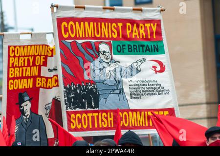 Glasgow, Schottland, Großbritannien. 29. April 2023. Aktivisten marschieren durch die Stadt vom George Square zum Queens Park, um den STUC May Day zu feiern. Kredit: Skully/Alamy Live News Stockfoto