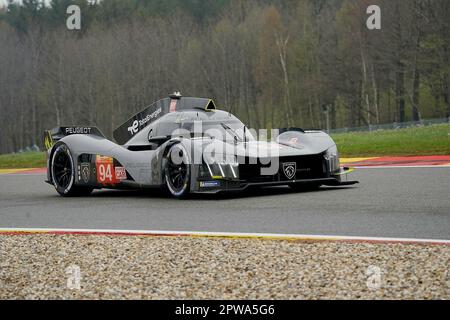 Spa Franchorchamps, Belgien. 29. April 2023. 04/29/2023, Circuit de Spa-Francorchamps, Spa-Francorchamps, WEC - TotalEnergies 6 Stunden Spa-Francorchamps, im Bild PEUGEOT TOTALENERGIES, Peugeot 9X8, Loic Duval (FRA), Gustavo Menezes (USA), Nico Muller (CHE) Live dpa News Stockfoto