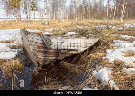 Verwittertes altes Ruderboot auf dem Boden mit Schilf, der im Frühling repariert werden muss, und etwas Schnee auf dem Boden. Stockfoto