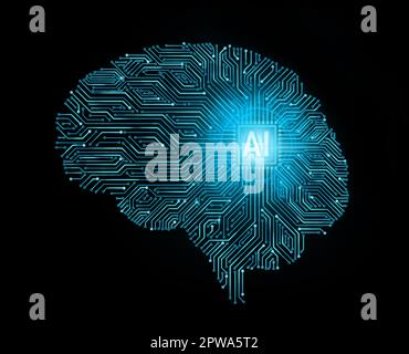 KI-Konzept (künstliche Intelligenz). Menschliches Gehirn mit Leiterplatte. Digitales Gehirn mit blauen neuralen Verbindungslinien und leuchtenden Punkten Stockfoto