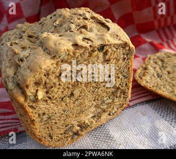 Frisches hausgemachtes Vollkornbrot mit Kürbiskernen auf einem roten Küchentuch Stockfoto