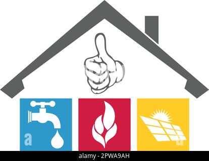 Haus, Wasserhahn, Flamme, Solar, Klempner, Installationsprogramm, Logo, Hintergrund Stock Vektor