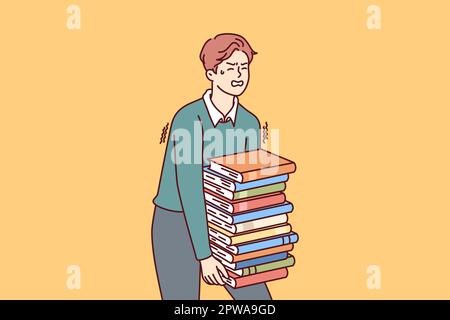 Ein erschöpfter Mann trägt einen großen Stapel Bücher, die überlastet sind, während er sich auf die Prüfungen vorbereitet Stock Vektor