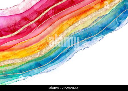 Lebendiger abstrakter Illustrationshintergrund mit alkoholischer Tinte für den Sommer. Leuchtende schillernde Wellen und goldener Glitzer auf weißem Hintergrund. Schichten von trans. Stockfoto