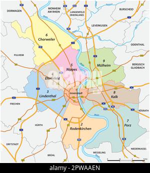 Verwaltungs- und Straßenkarte der Stadt Köln Stock Vektor