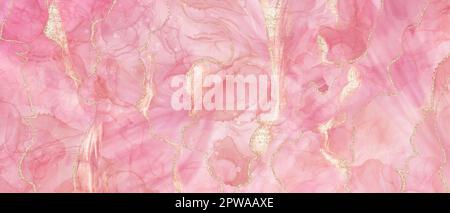 Abstrakter Hintergrund im Marmorstil, Rosa und Gold, alkoholische Tinte, Kunst, Banner, Schön, Frühling, Romantik, Luxus, Kurven Stockfoto