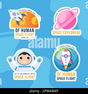 International Human Space Flight Day Label Flat Cartoon Handgezeichnete Vorlagen Hintergrunddarstellung Stock Vektor