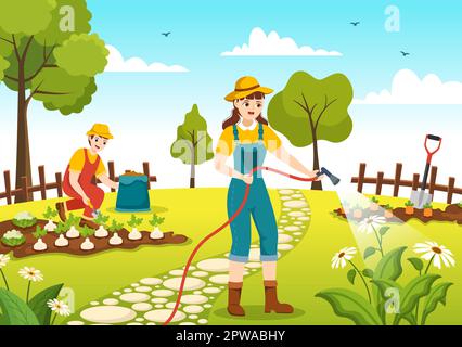Gärtner Illustration mit Gartengeräten, Landwirtschaft, baut Gemüse im botanischen Sommergarten flache Cartoon, handgezeichnet für Landing Page Templates an Stock Vektor