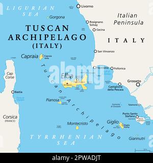 Toskana-Archipel, Italien, politische Karte. Inselkette zwischen dem Ligurischen und dem Tyrrhenischen Meer westlich der Toskana, zwischen Korsika und der italienischen Halbinsel. Stockfoto