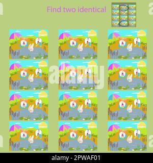 Finde 2 identische Bilder im Lustige Kaninchen auf dem Gras Puzzle für Kinder bis 8 Jahre Stock Vektor