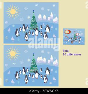 Finden Sie 10 Unterschiede Rebus für Kinder unter 6 Jahren, präsentiert von den Jahreszeiten, ist eine der 4 festgelegten Jahreszeiten Winter Stock Vektor