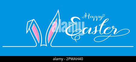 Osterhasen-Ohrenvektor mit Happy Easter Grußwort. Blauer Hintergrund. Stock Vektor