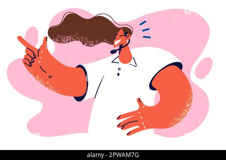 Frau Kundendienstspezialistin mit Headset kommuniziert mit Nutzern und Gesten Stock Vektor