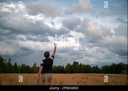 Rückansicht eines jungen Mannes, der siegreich inmitten eines wunderschönen goldenen Weizenfeldes steht, mit erhobenem Arm zur Feier und zum Erfolg. Unter Drama Stockfoto