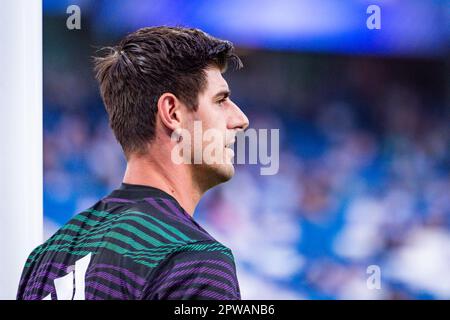 Madrid, Spanien. 29. April 2023. Thibaut Courtois (Real Madrid) während der Aufwärmphase vor dem Fußballspiel zwischen.Real Madrid und Almeria. Gültig für den Spieltag 32 der spanischen ersten Liga „La Liga“, die am Samstag, den 29. April 2023 im Bernabeu-Stadion in Madrid, Spanien, gefeiert wird (Bild: © Alberto Gardin/ZUMA Press Wire) NUR ZUR REDAKTIONELLEN VERWENDUNG! Nicht für den kommerziellen GEBRAUCH! Kredit: ZUMA Press, Inc./Alamy Live News Stockfoto