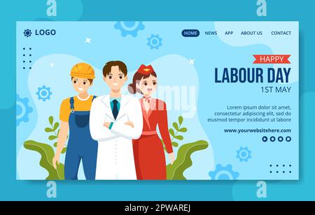 Happy Labor Day – Landing Page Für Soziale Medien – Flache, Handgezeichnete Cartoon-Vorlage Stock Vektor