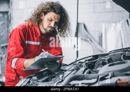 Mechaniker, männlicher Teammitarbeiter, der mit Motorproblemen arbeitet, Auto-Service-Prüfung, Ersatzteilliste in der Werkstatt ersetzen Stockfoto