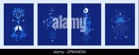 Ein Satz von Vektordarstellungen kosmischer Unterwasserkreaturen. Unterwasserwelt dekoriert mit Sternbildern, Sternen, Planeten. Magic Space Sea Designs für Poster, Notebook-Hüllen. Blaue Farben Stock Vektor