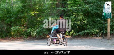 Eine Mutter schubst ihr Baby auf einem Fahrrad, das auch ein Kinderwagen im Park ist. Stockfoto