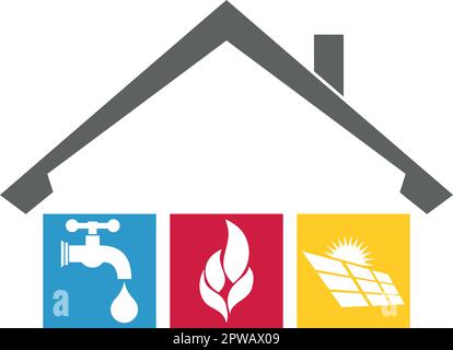 Haus, Wasserhahn, Flamme, Solar, Klempner, Installationsprogramm, Logo, Hintergrund Stock Vektor