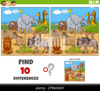 Difference Game mit afrikanischen Cartoon-Tieren Stock Vektor