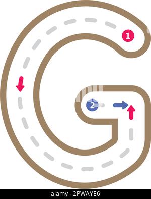 Nachzeichnen des Buchstabens G Vorschreiben in Großbuchstaben gestricheltes Element für Kinder im Kindergarten und Vorschulkinder Arbeitsblatt für Handschriftenübungen Stock Vektor