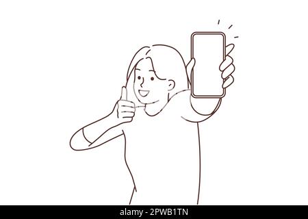 Lächelnde Frau zeigt Modell-Handy-Bildschirm Stock Vektor
