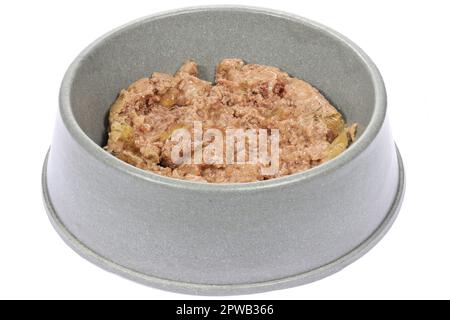 Hundefutter in Futterschüssel isoliert auf weißem Hintergrund Stockfoto