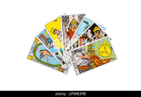Lodz Poland 15 2023. April große arcanas-Tarotkarten, Taro isoliert auf weißem Hintergrund. Stockfoto