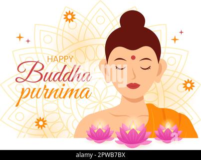 Happy Buddha Purnima Illustration with Vesak Day or Indian Festival to Spiritual in Flat Cartoon Hand Drawn for Web Banner or Landing Page Templates. (Alles gute zur Illustration Buddha Purnima mit Vesak Day oder Indian Festival zum spirituellen Zeichnen in fla Stock Vektor