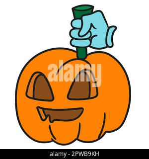 Eine Hand, die einen halloween-Kürbis hält. Bild des doodle-Symbols Stock Vektor