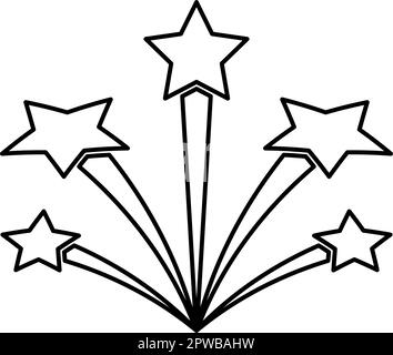 Salute mit Sternen Feuerwerk Sternenkontur Liniensymbol schwarze Farbe Vektordarstellung dünner flacher Stil Stock Vektor