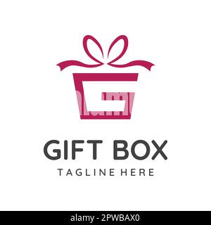 Logo Design Geschenkbox oder Vorlage für Geschenkbox mit Band, Buchstabe G und Geschenken. Logo für Überraschung, valentin, Geburtstag, Souvenirladen, Party und Geschäft. Stock Vektor