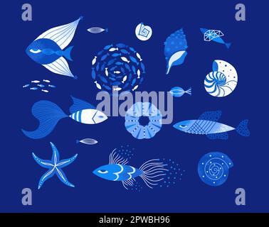 Vektorset magischer Unterwasserwelt. Isolierte strukturierte Fische, Muscheln, Seesterne. Handgezeichnete Clipart-Elemente. Meeres- oder Meeresbewohner. Designs für Sticker, auf Bekleidung drucken. Blaue und weiße Farben Stock Vektor