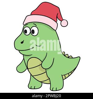 Dinosaurier mit weihnachtsmütze. Bild des doodle-Symbols Stock Vektor