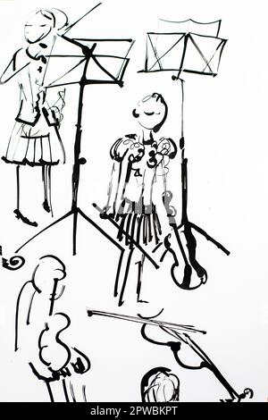 Eine Skizze von Mädchen, die Geige spielen. Abbildung mit handbemalter schwarzer Tinte Stockfoto